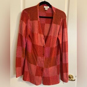 Talbots Women's Pink and Orange Plaid Cardigan